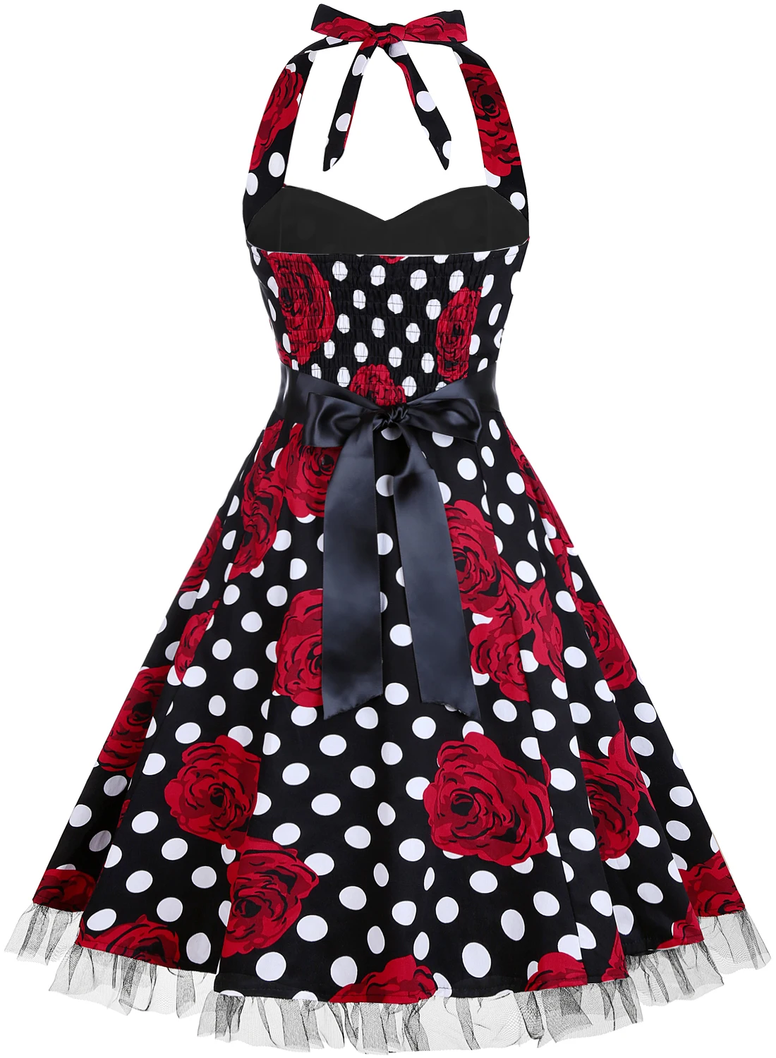 Womens Hepburn Halter Neck Floral Polka Dot Elegant 1950s A-Line Casual Party Fit And Flare Skater Swing Vintage Dress