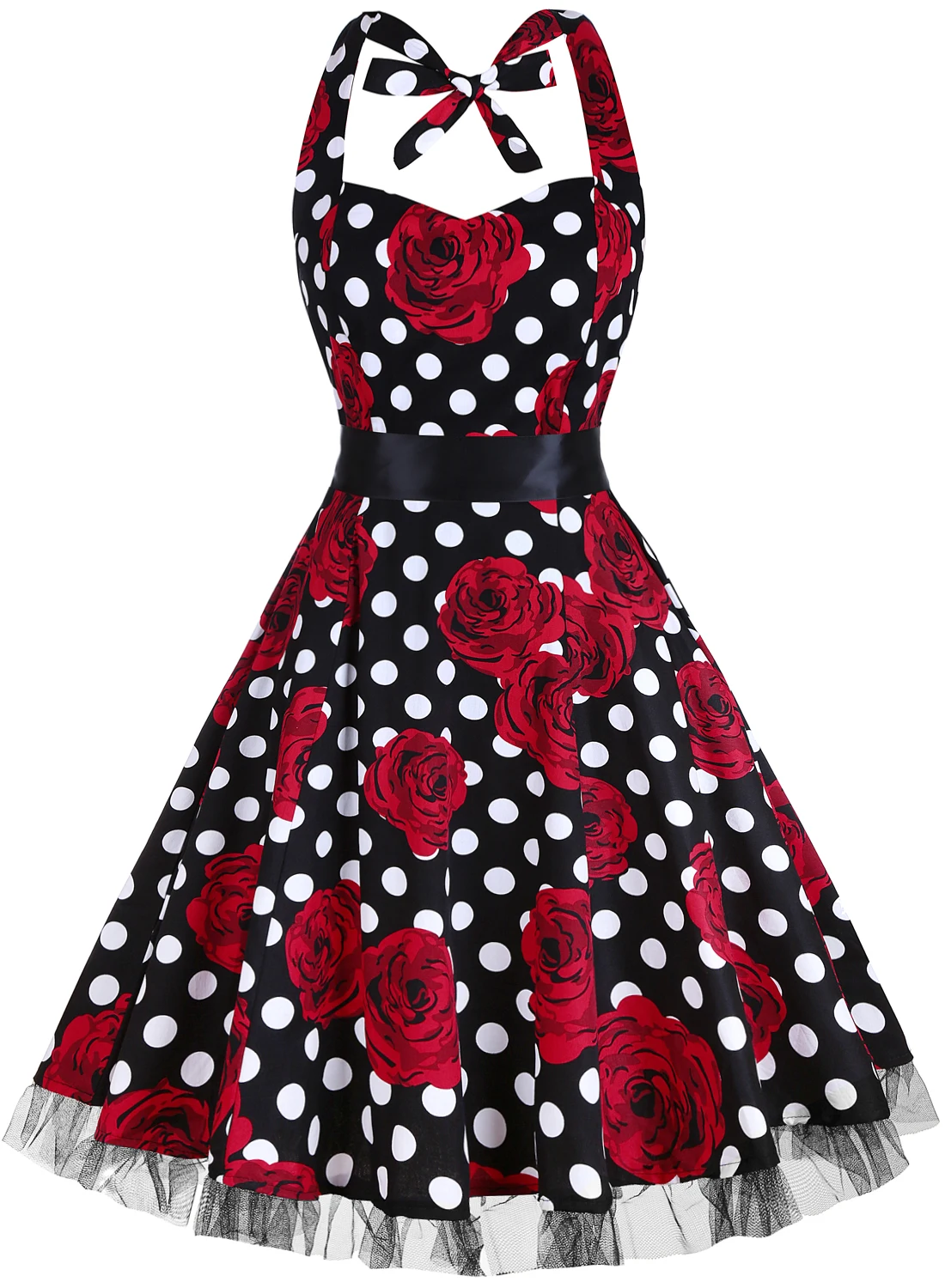 Womens Hepburn Halter Neck Floral Polka Dot Elegant 1950s A-Line Casual Party Fit And Flare Skater Swing Vintage Dress