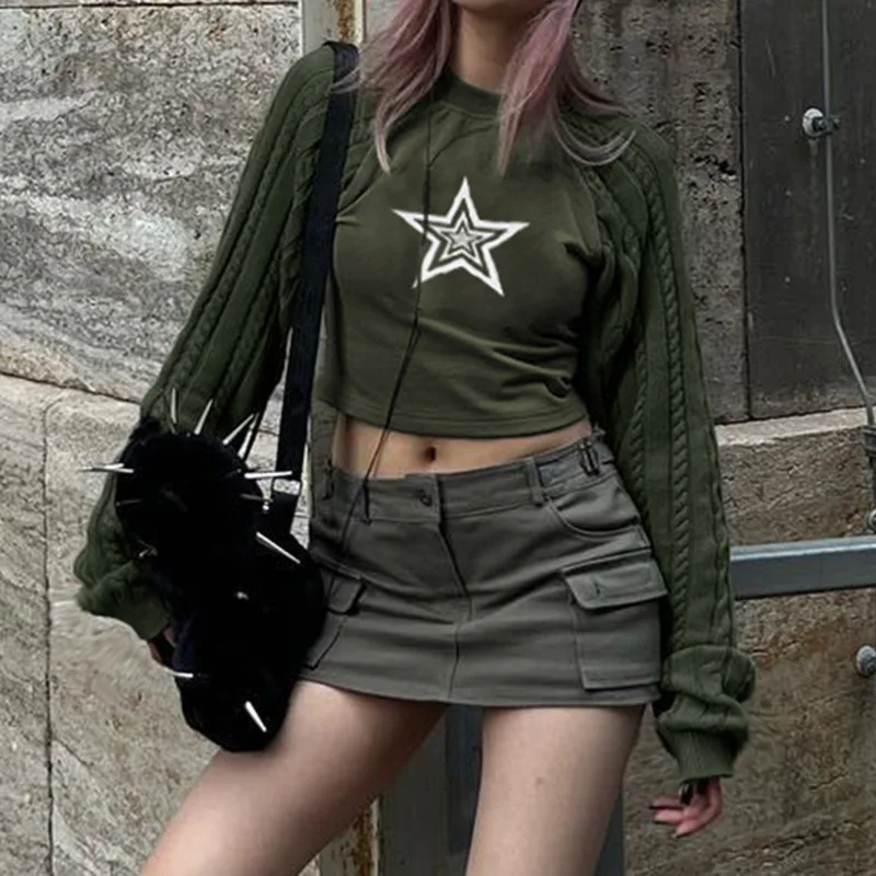 2026 New Women Color Block Shoulder Sleeve Top European American Trend Simple Spicy Girl Style