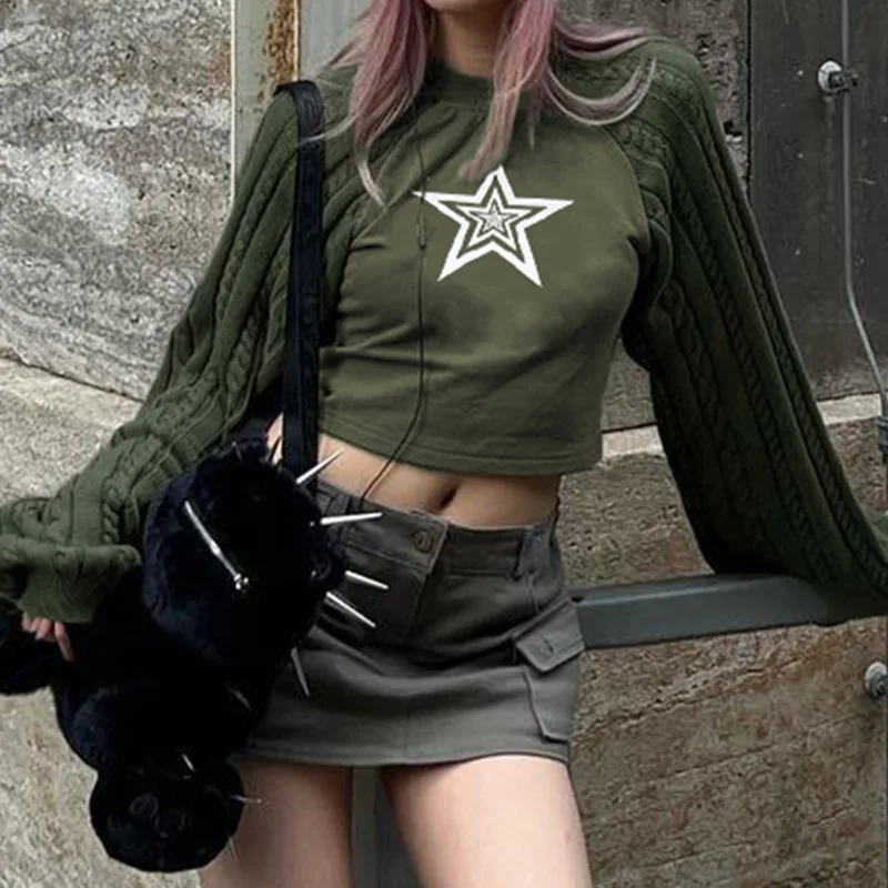2026 New Women Color Block Shoulder Sleeve Top European American Trend Simple Spicy Girl Style