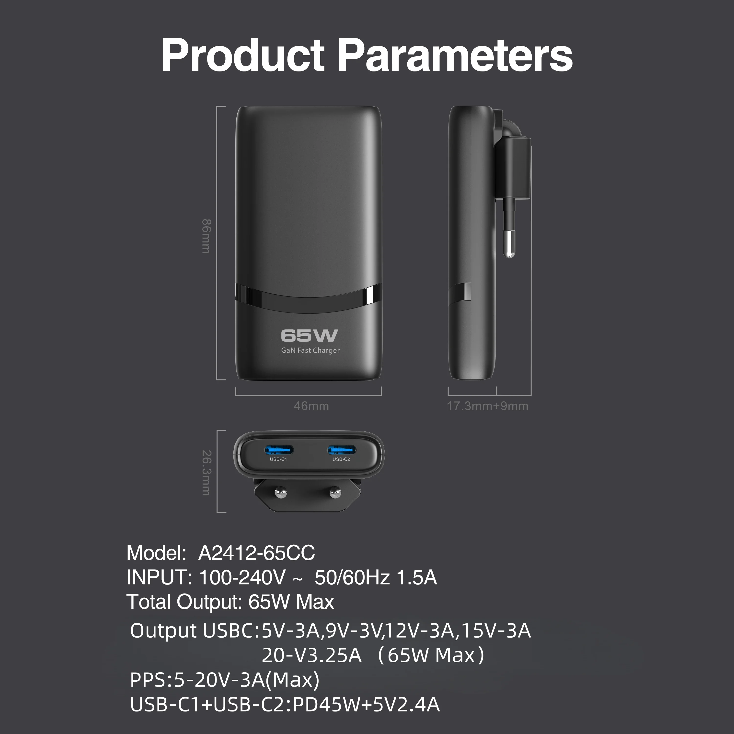 New 65W GaN Ultra-Slim Foldable Wall Charger, Supports USB-C Fast Charging, Suitable for Charging Smartphones and 5V/2.4A Device