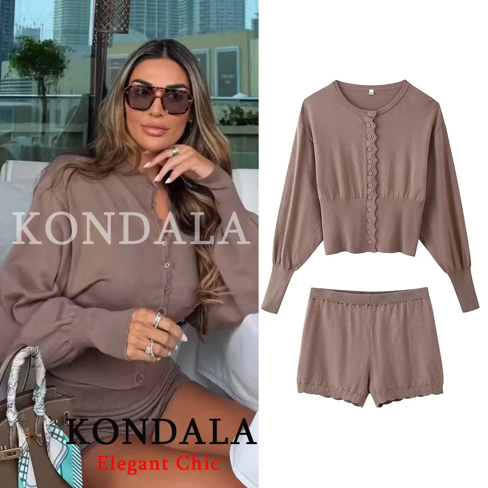 KONDALA Women Trendy Shorts Set Single Breasted Knitted Top Elastic Waist Shorts New Fashion 2026 Spring Summer Streetwear Set