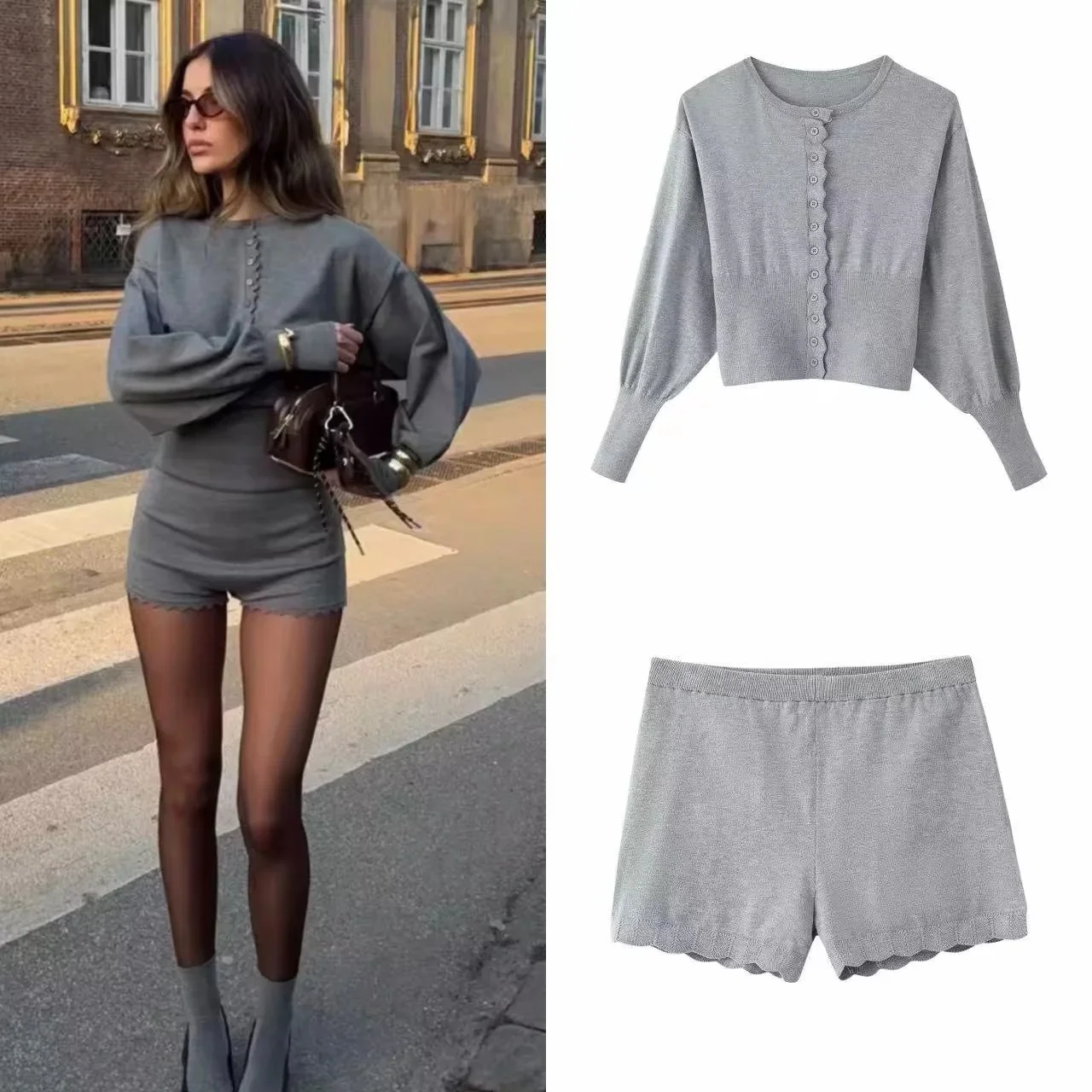 KONDALA Women Trendy Shorts Set Single Breasted Knitted Top Elastic Waist Shorts New Fashion 2026 Spring Summer Streetwear Set