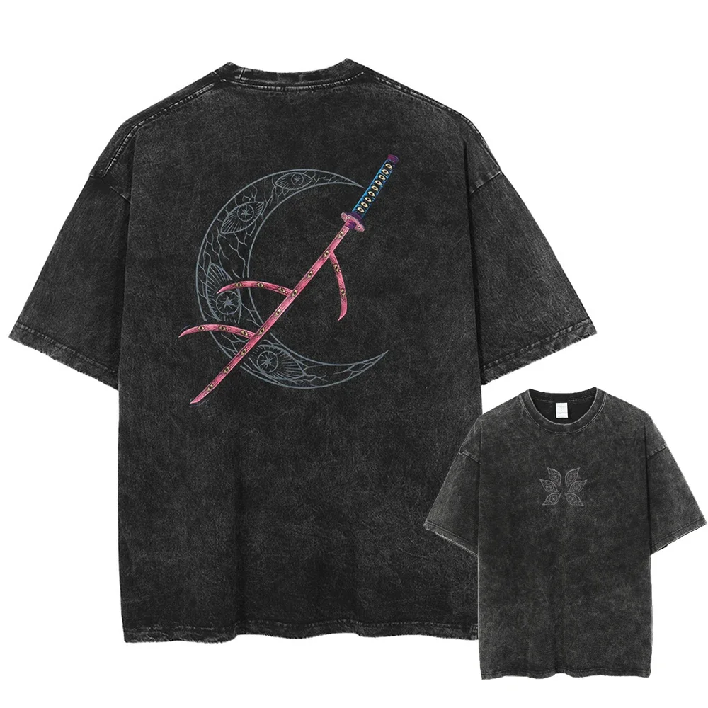 Japanese Anime Demon Slayer Kokushibo Graphic Washes T-shirts Men's Women's Pure Clothing Harajuku Y2K Streetwear Cotton Tops