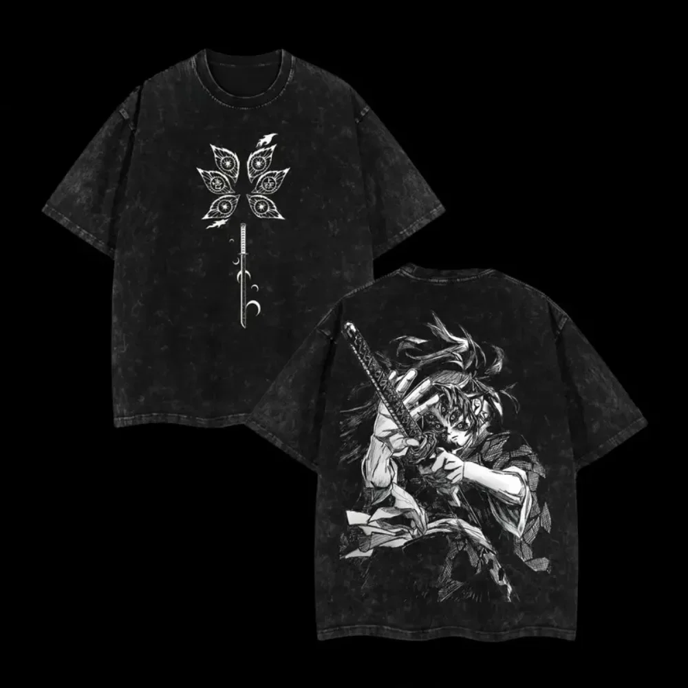 Japanese Anime Demon Slayer Kokushibo Graphic Washes T-shirts Men's Women's Pure Clothing Harajuku Y2K Streetwear Cotton Tops
