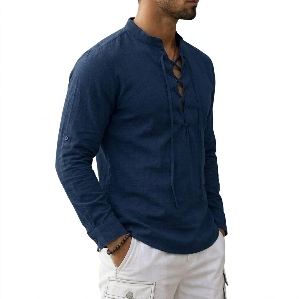 Men's Long Sleeved Linen T-Shirts Medieval Vintage Viking Top Cotton Shirts Men Halloween Costume Breathable Tops Yoga Shirts