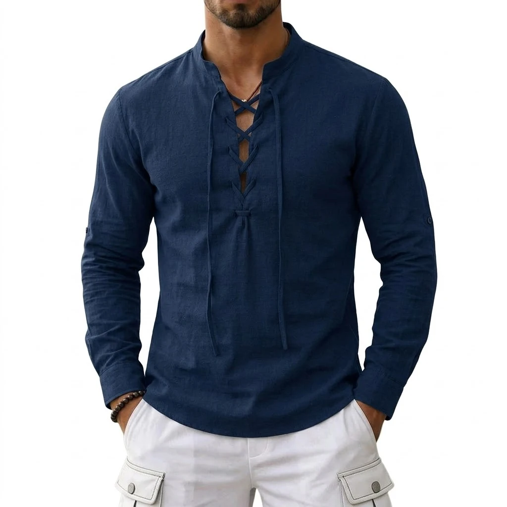 Men's Long Sleeved Linen T-Shirts Medieval Vintage Viking Top Cotton Shirts Men Halloween Costume Breathable Tops Yoga Shirts