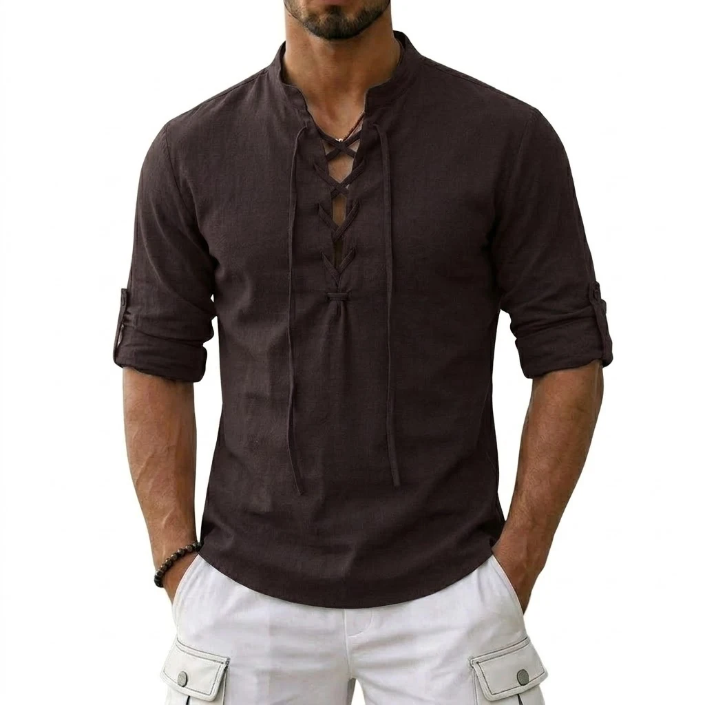 Men's Long Sleeved Linen T-Shirts Medieval Vintage Viking Top Cotton Shirts Men Halloween Costume Breathable Tops Yoga Shirts