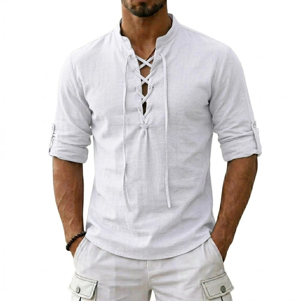 Men's Long Sleeved Linen T-Shirts Medieval Vintage Viking Top Cotton Shirts Men Halloween Costume Breathable Tops Yoga Shirts