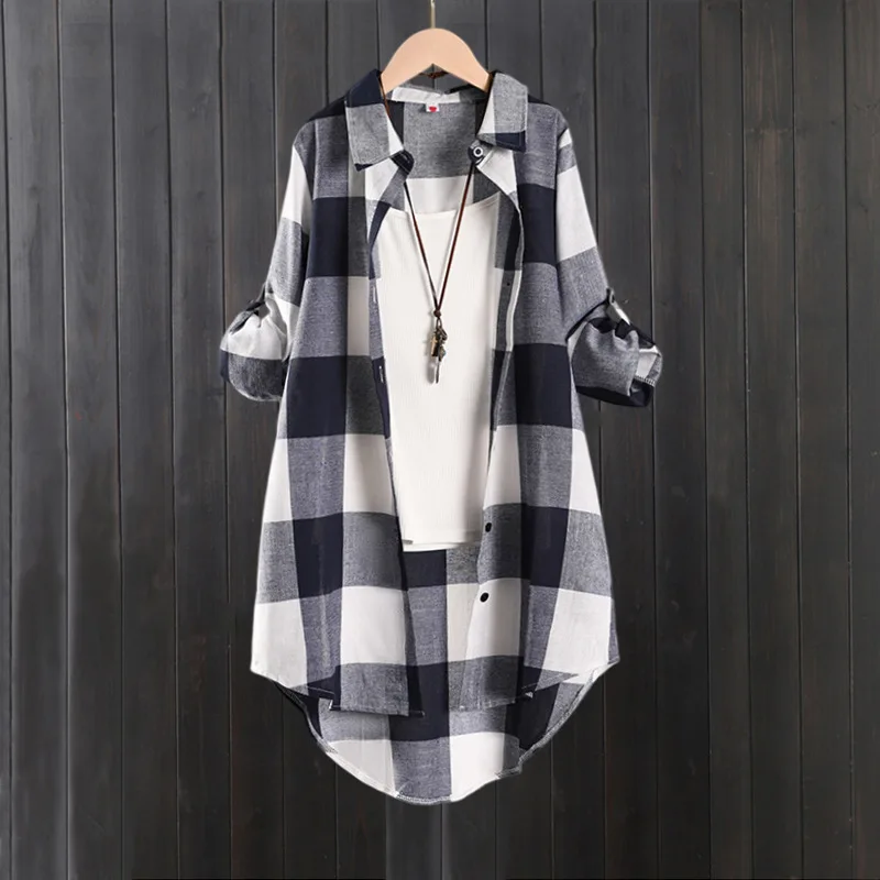 Women's Plaid Shirt Casual Blouses Woman Tops for Women Long Sleeve Long Sleeve Shirts Chic Blouse Check Linen Cotton Clothing