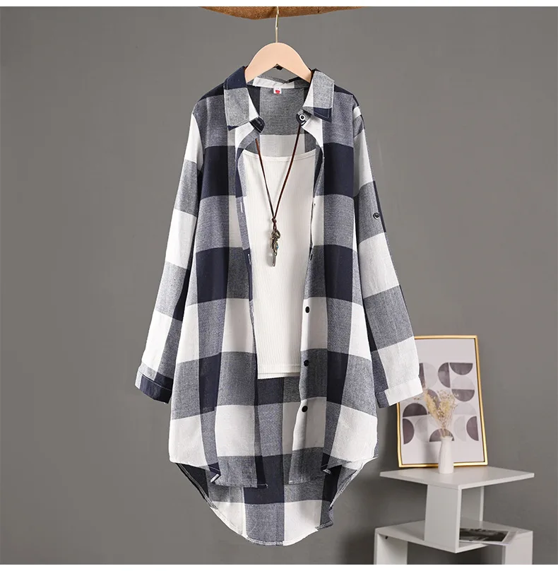 Women's Plaid Shirt Casual Blouses Woman Tops for Women Long Sleeve Long Sleeve Shirts Chic Blouse Check Linen Cotton Clothing