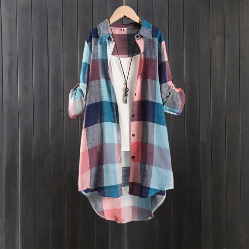 Women's Plaid Shirt Casual Blouses Woman Tops for Women Long Sleeve Long Sleeve Shirts Chic Blouse Check Linen Cotton Clothing