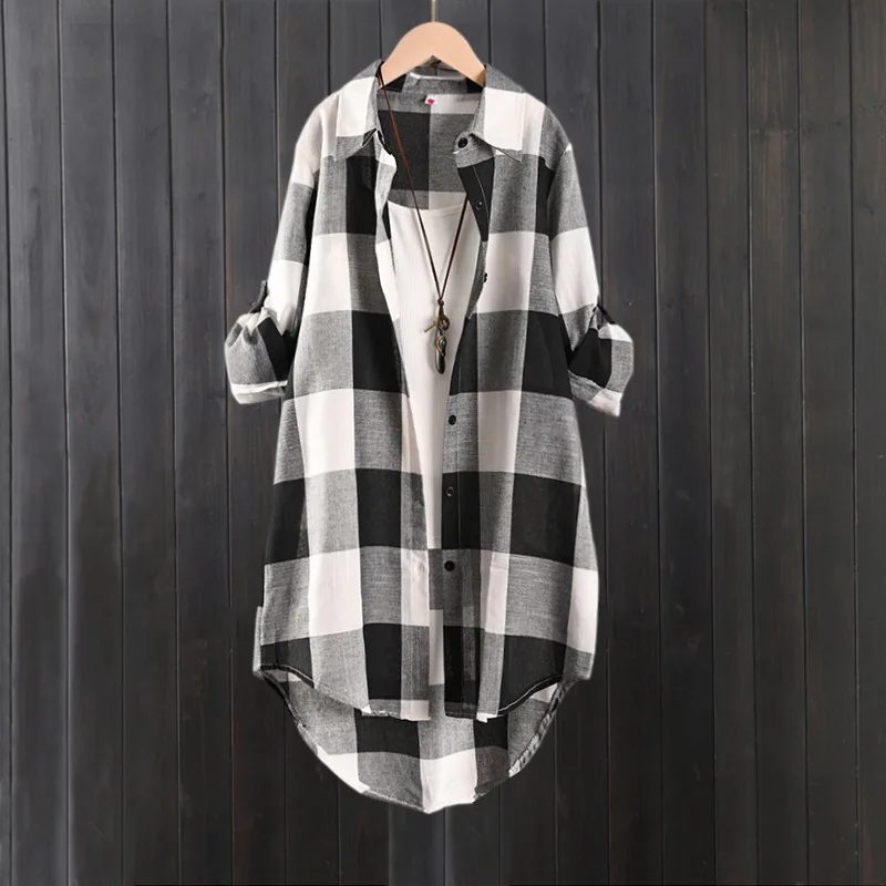 Women's Plaid Shirt Casual Blouses Woman Tops for Women Long Sleeve Long Sleeve Shirts Chic Blouse Check Linen Cotton Clothing