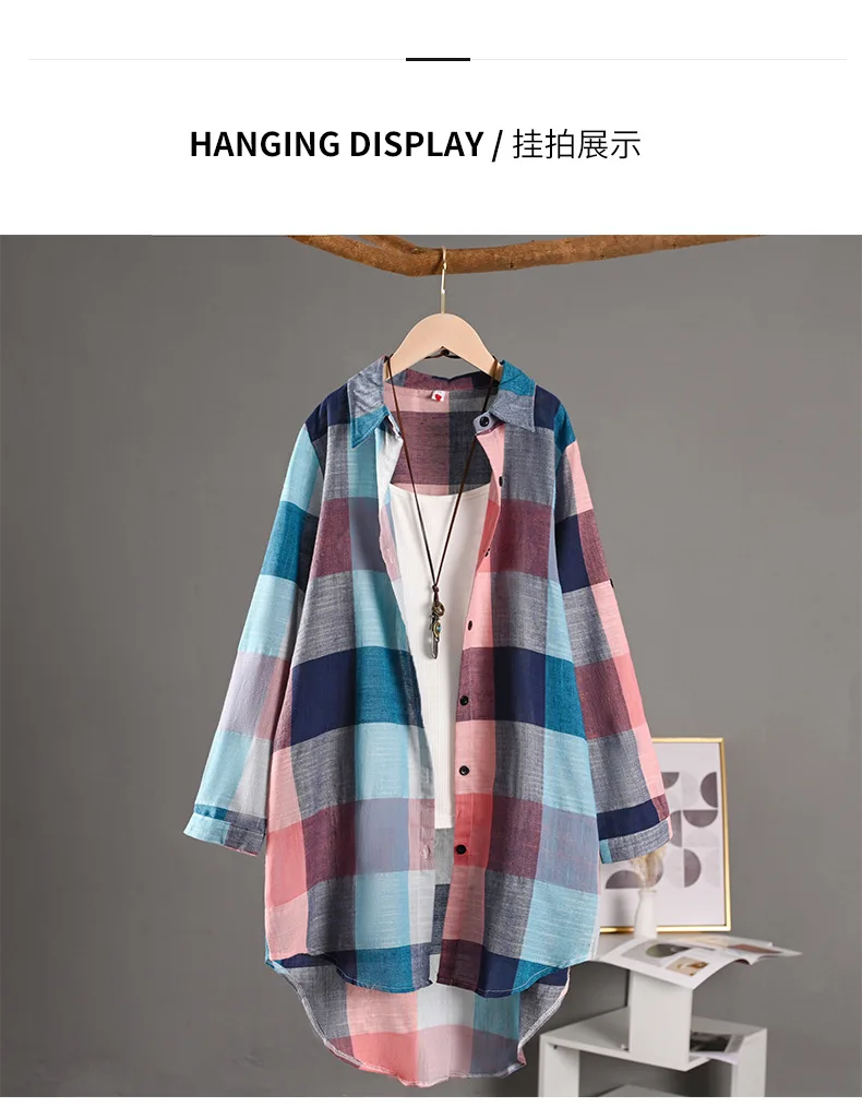 Women's Plaid Shirt Casual Blouses Woman Tops for Women Long Sleeve Long Sleeve Shirts Chic Blouse Check Linen Cotton Clothing