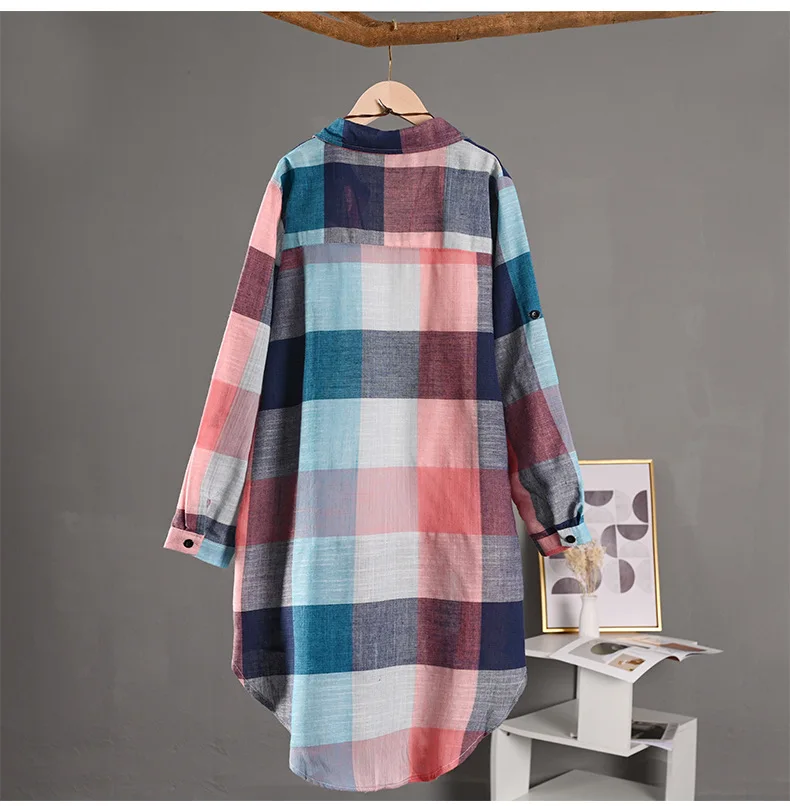 Women's Plaid Shirt Casual Blouses Woman Tops for Women Long Sleeve Long Sleeve Shirts Chic Blouse Check Linen Cotton Clothing