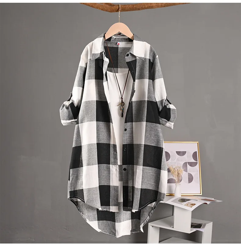 Women's Plaid Shirt Casual Blouses Woman Tops for Women Long Sleeve Long Sleeve Shirts Chic Blouse Check Linen Cotton Clothing