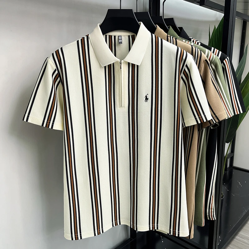 High end luxury brand short sleeve polo shirt summer new casual vacation striped design men's T-shirt Paul Pony embroidered top