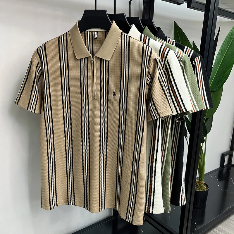 High end luxury brand short sleeve polo shirt summer new casual vacation striped design men's T-shirt Paul Pony embroidered top