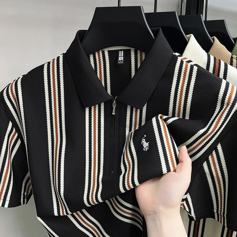 High end luxury brand short sleeve polo shirt summer new casual vacation striped design men's T-shirt Paul Pony embroidered top