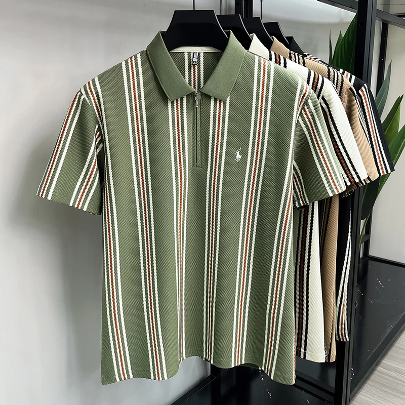 High end luxury brand short sleeve polo shirt summer new casual vacation striped design men's T-shirt Paul Pony embroidered top