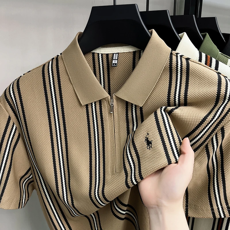 High end luxury brand short sleeve polo shirt summer new casual vacation striped design men's T-shirt Paul Pony embroidered top