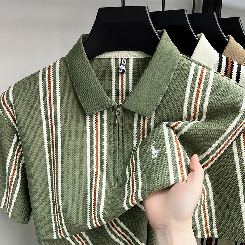 High end luxury brand short sleeve polo shirt summer new casual vacation striped design men's T-shirt Paul Pony embroidered top