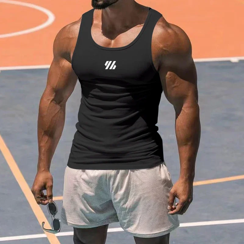 Men's Summer Running Vest Sleeveless Shirt Gym Clothing Sports Leisure Milk Silk Tight Elastic Breathable Slim Fitness Tank Tops