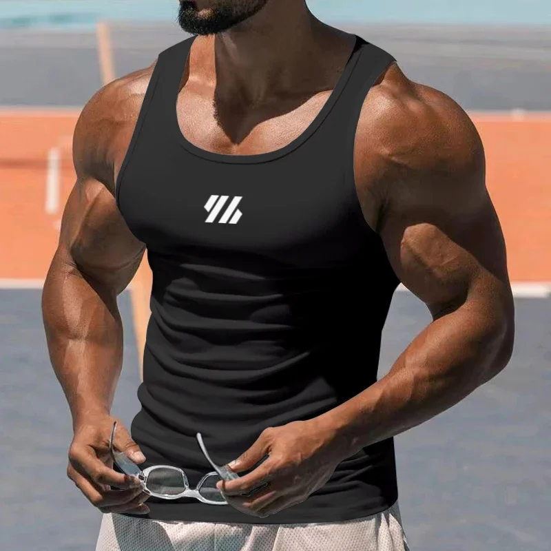Men's Summer Running Vest Sleeveless Shirt Gym Clothing Sports Leisure Milk Silk Tight Elastic Breathable Slim Fitness Tank Tops