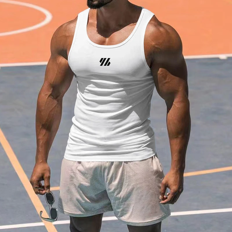 Men's Summer Running Vest Sleeveless Shirt Gym Clothing Sports Leisure Milk Silk Tight Elastic Breathable Slim Fitness Tank Tops