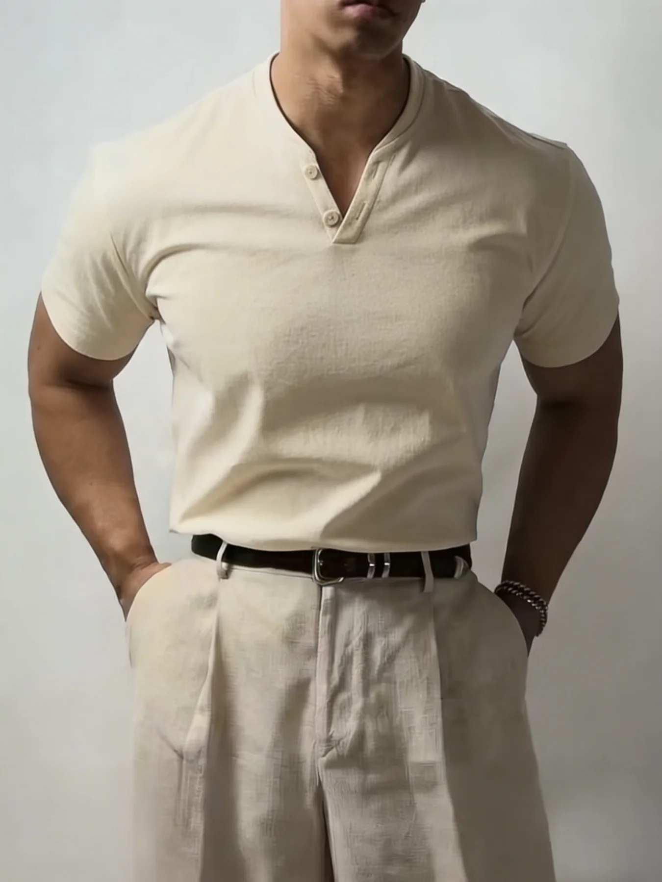 Summer Men's Casual Beige Henley Tee Notch V-Neck Short Sleeve Slim Fit Daily Top