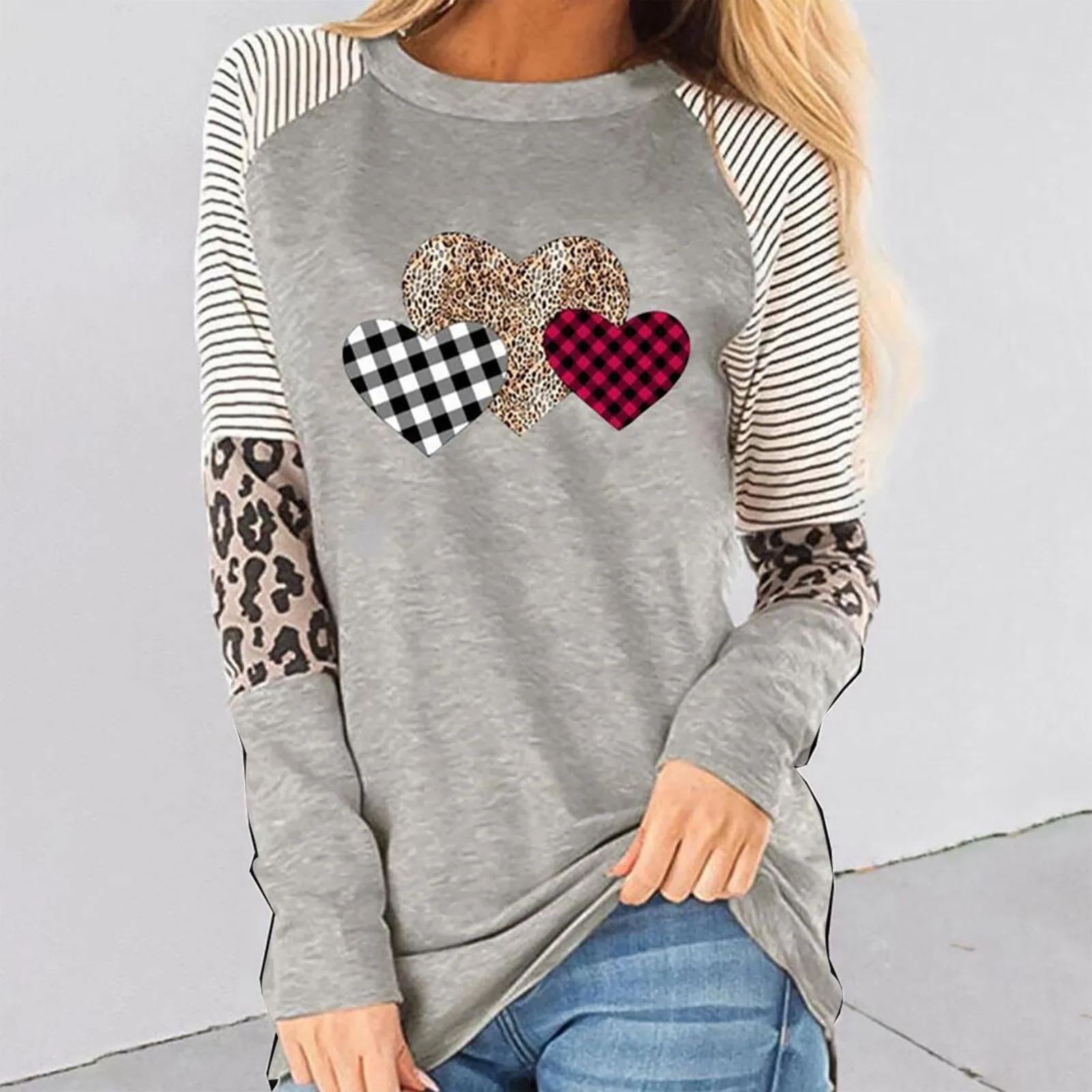 Spring new women's clothing Valentine's Day new long sleeved patchwork hot selling casual T-shirt round neck loose top