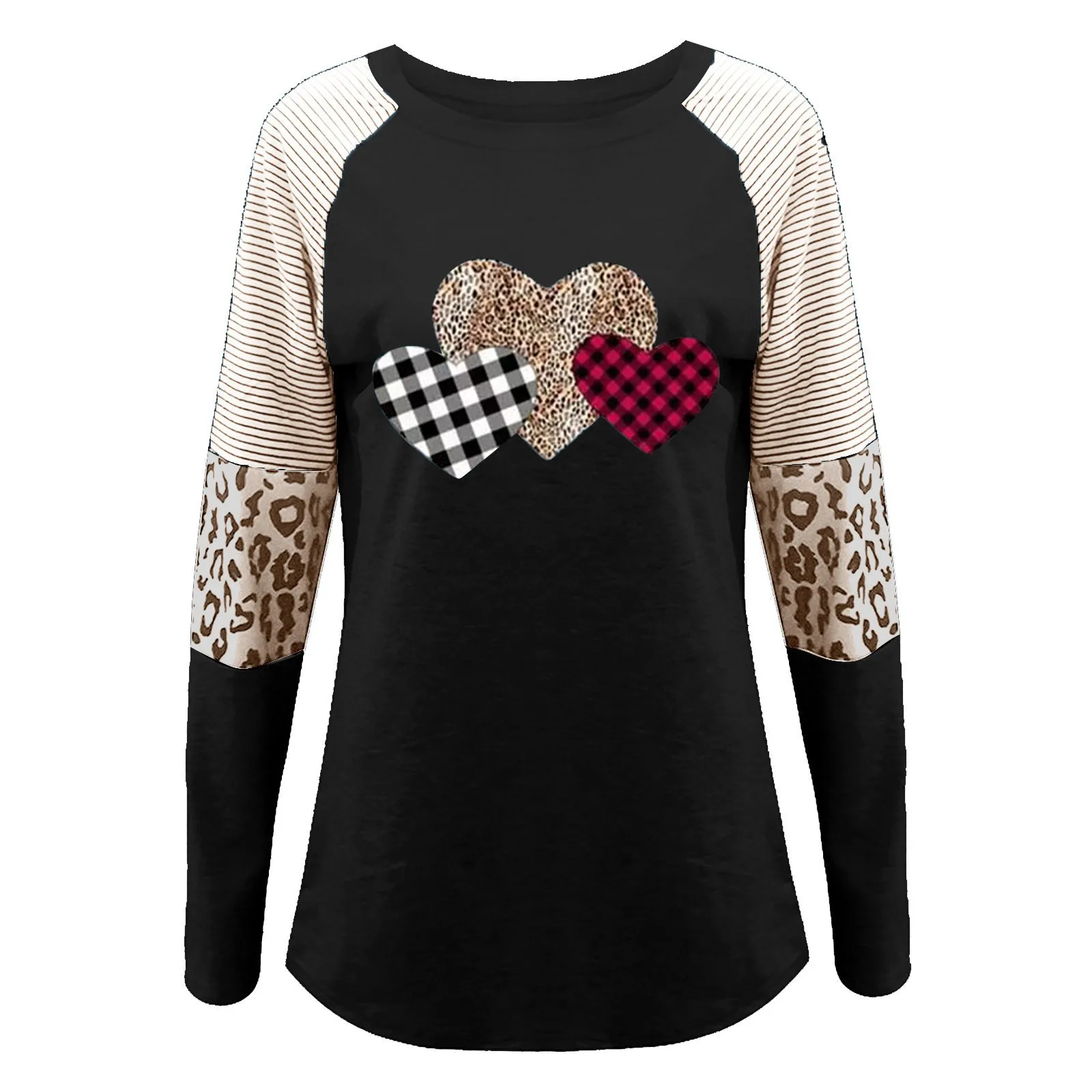 Spring new women's clothing Valentine's Day new long sleeved patchwork hot selling casual T-shirt round neck loose top