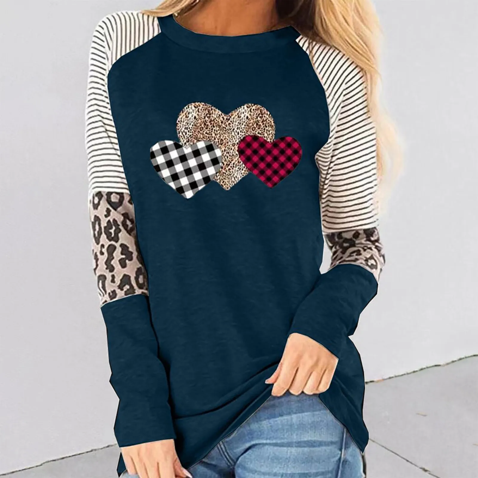 Spring new women's clothing Valentine's Day new long sleeved patchwork hot selling casual T-shirt round neck loose top