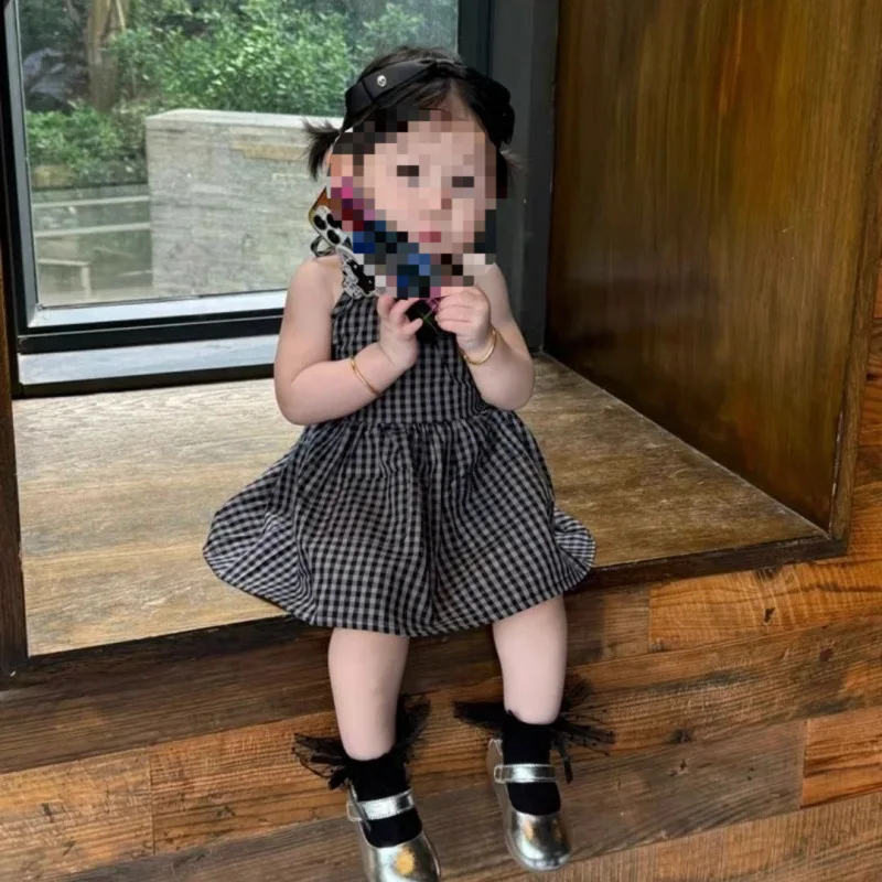 Girls' Summer Dress Korean Children's Clothing Hanging Neck Backless Skirt Baby Plaid Vest Skirt New