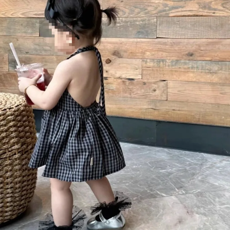 Girls' Summer Dress Korean Children's Clothing Hanging Neck Backless Skirt Baby Plaid Vest Skirt New