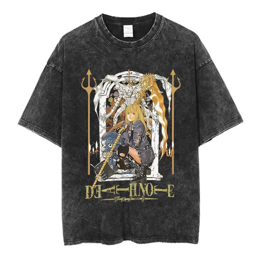 Vintage Washed Anime Death Note Misa Amane Print T Shirts Men Women Clothing Cotton Casual T-shirt Fashion Short Sleeve T-shirts