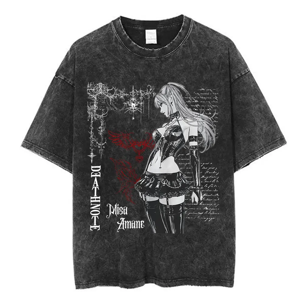 Vintage Washed Anime Death Note Misa Amane Print T Shirts Men Women Clothing Cotton Casual T-shirt Fashion Short Sleeve T-shirts