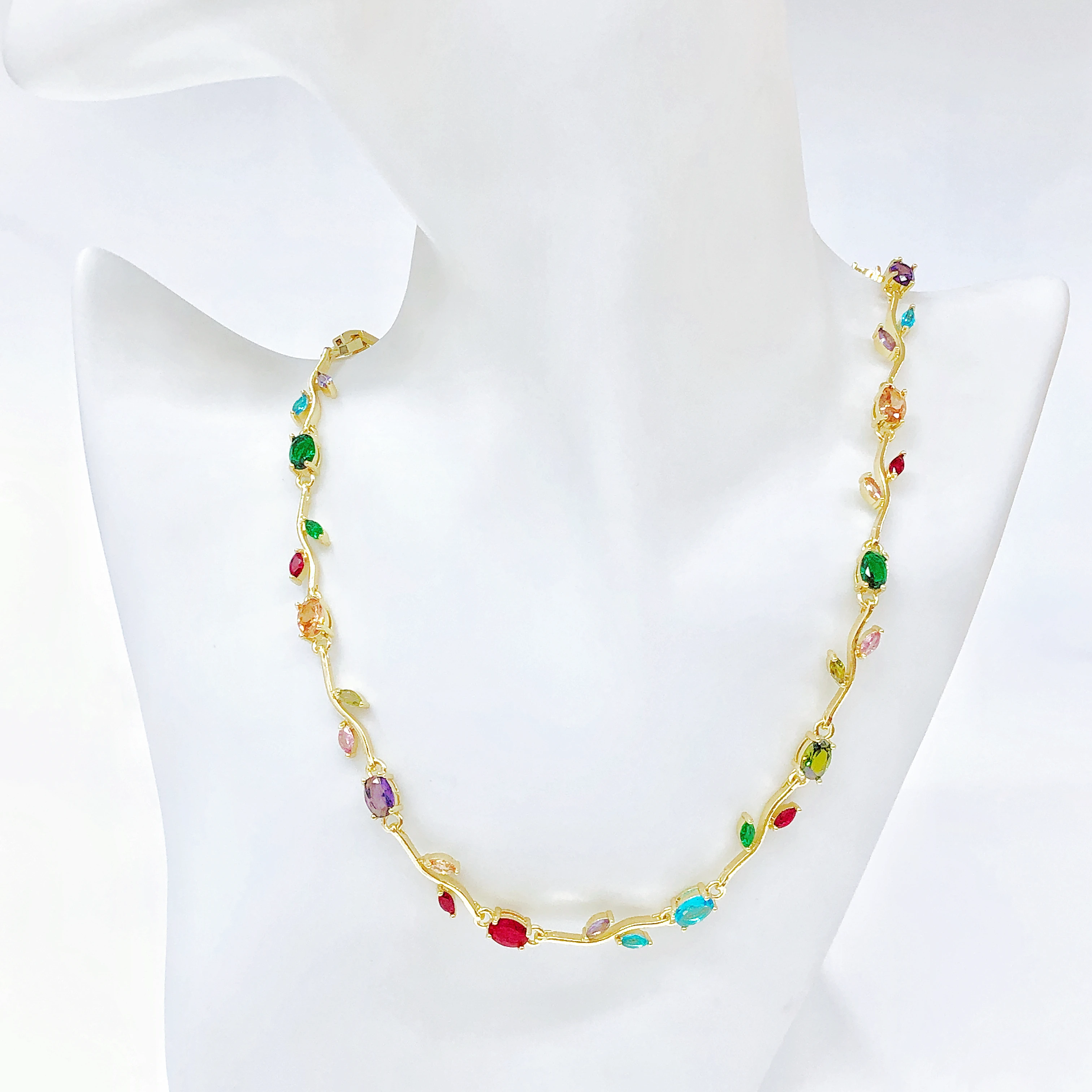 14K Gold Plated Colorful Crystal Zircon Leaf Vine Necklace for Women Multicolor Gemstone Flower Necklace Fashion Jewelry Gift