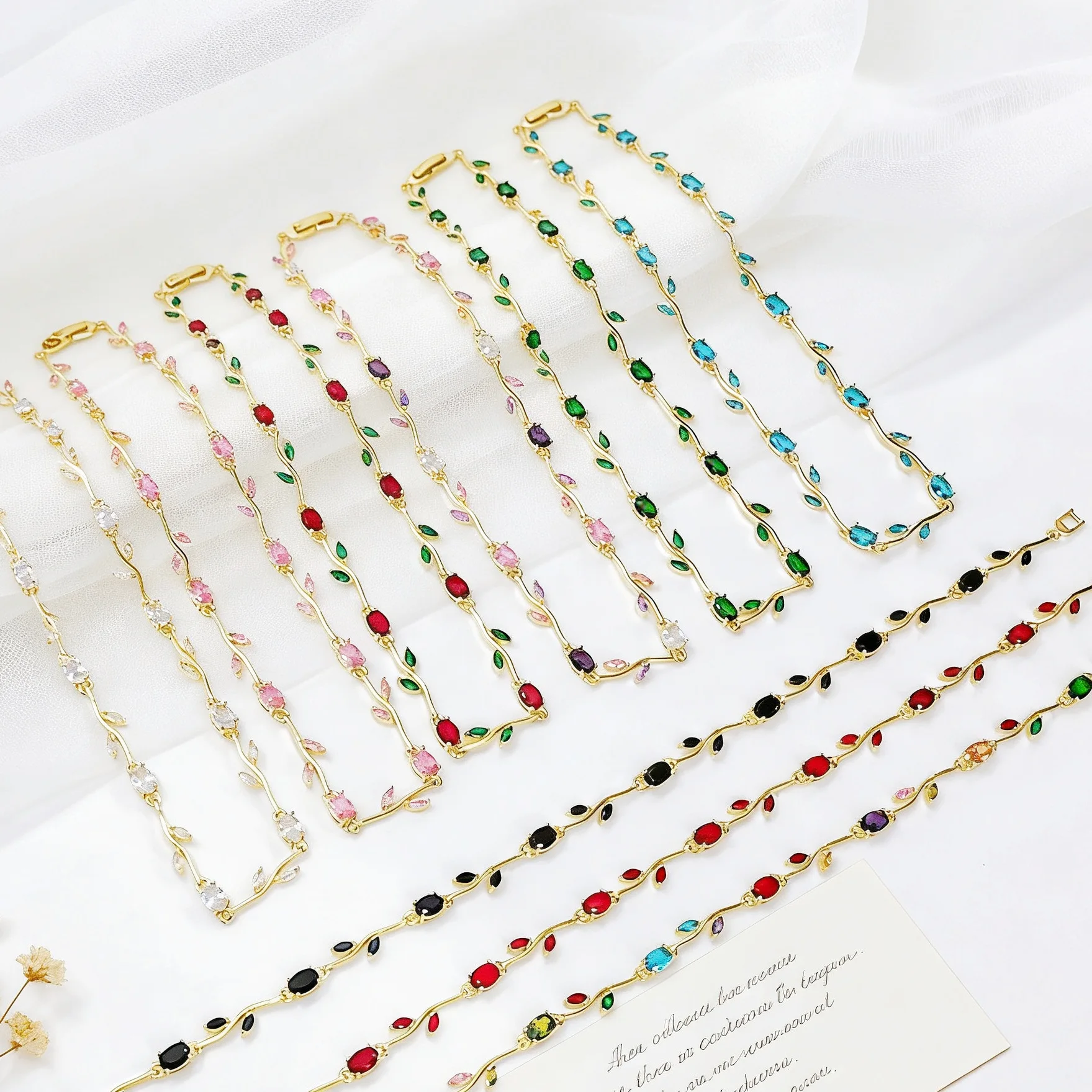14K Gold Plated Colorful Crystal Zircon Leaf Vine Necklace for Women Multicolor Gemstone Flower Necklace Fashion Jewelry Gift