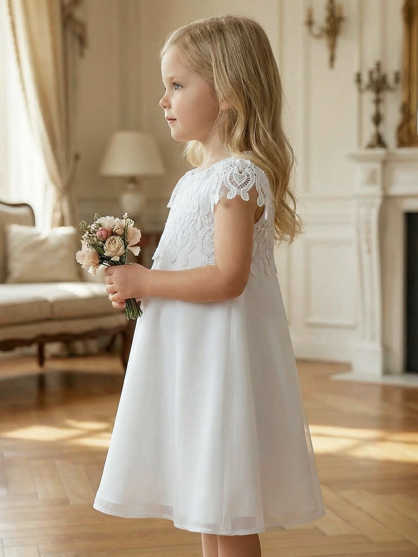 Young Girls Cute and Elegant Princess Dress Little Girl White Silk Crepe Evening Gown with Lace Wedding Flower Peddler Dress