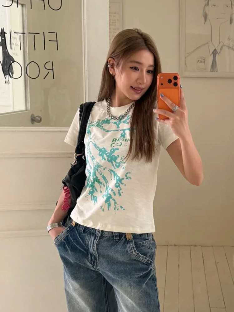Tonngirls Korean Style T-shirt Women Short Sleeve Print Graphic Tops Streetwear Y2k Vintage Tops Japanese 2000s Tshirts E-girls
