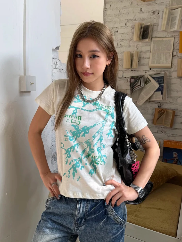 Tonngirls Korean Style T-shirt Women Short Sleeve Print Graphic Tops Streetwear Y2k Vintage Tops Japanese 2000s Tshirts E-girls