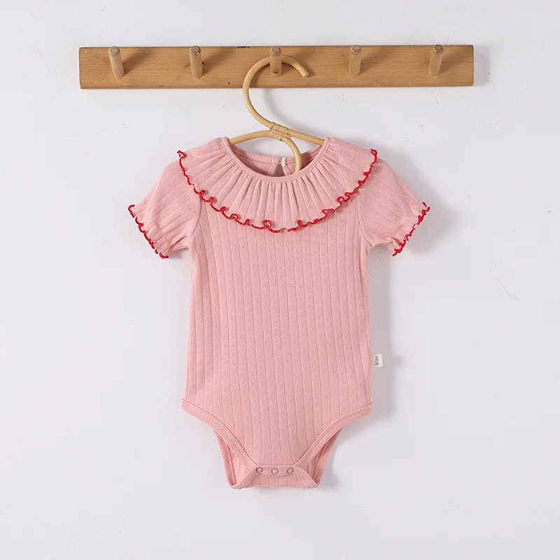 Baby Girls' Summer Triangular Bodysuit Pure Cotton Ruffled Collar Thin Infant Outfit Trendy Clothing for Baby Girls
