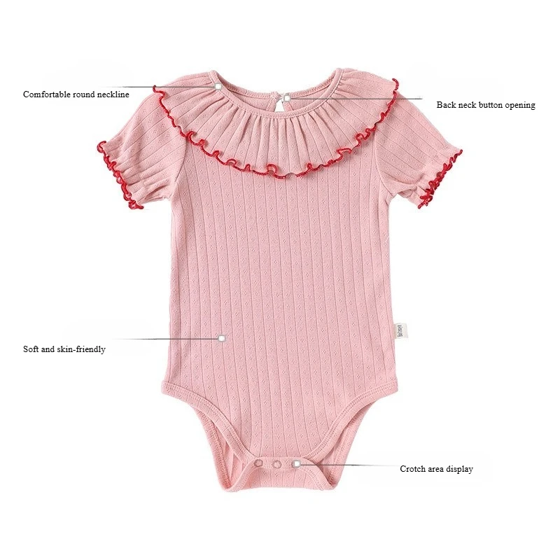 Baby Girls' Summer Triangular Bodysuit Pure Cotton Ruffled Collar Thin Infant Outfit Trendy Clothing for Baby Girls