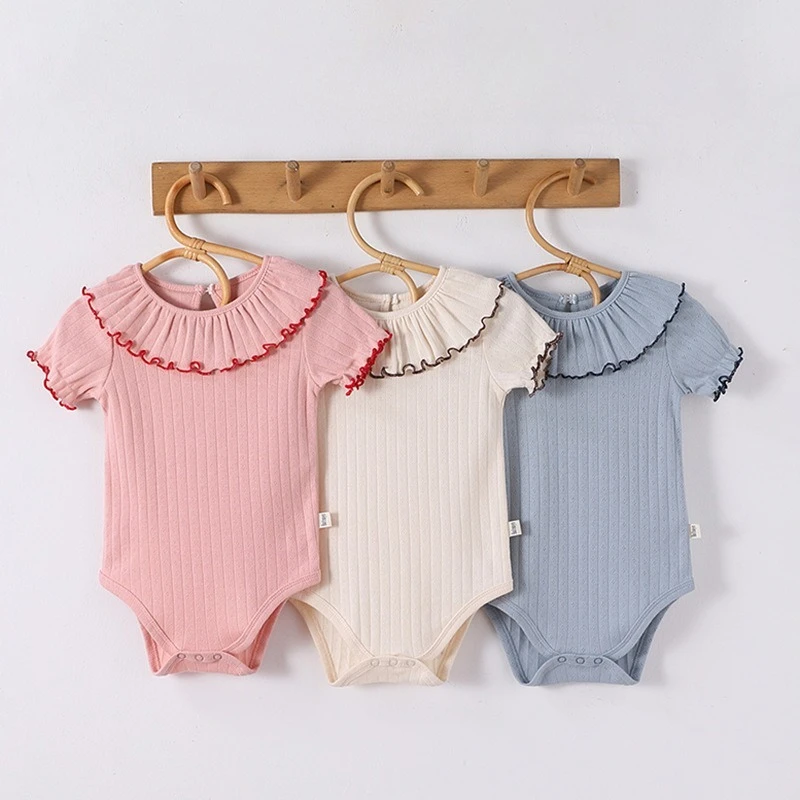 Baby Girls' Summer Triangular Bodysuit Pure Cotton Ruffled Collar Thin Infant Outfit Trendy Clothing for Baby Girls