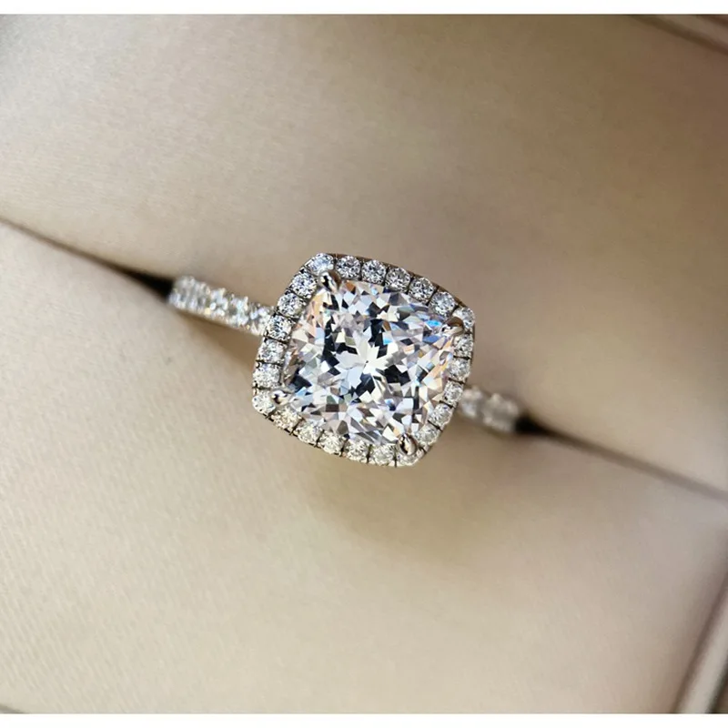 Lnngy Certified 8mm 2ct Moissanite Halo Engagement Ring Exquisite Square Shape Wedding Rings For Women Party Jewelry Gift