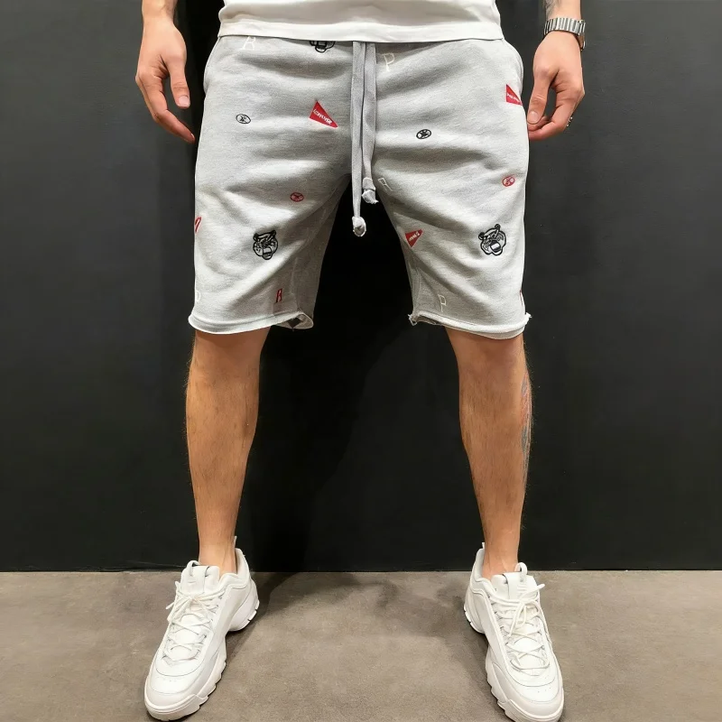 Spring Summer Mens Cotton loose Shorts Streetwear Bodybuilding Embroidered casual Short pants Jogger sports Tiger head Shorts