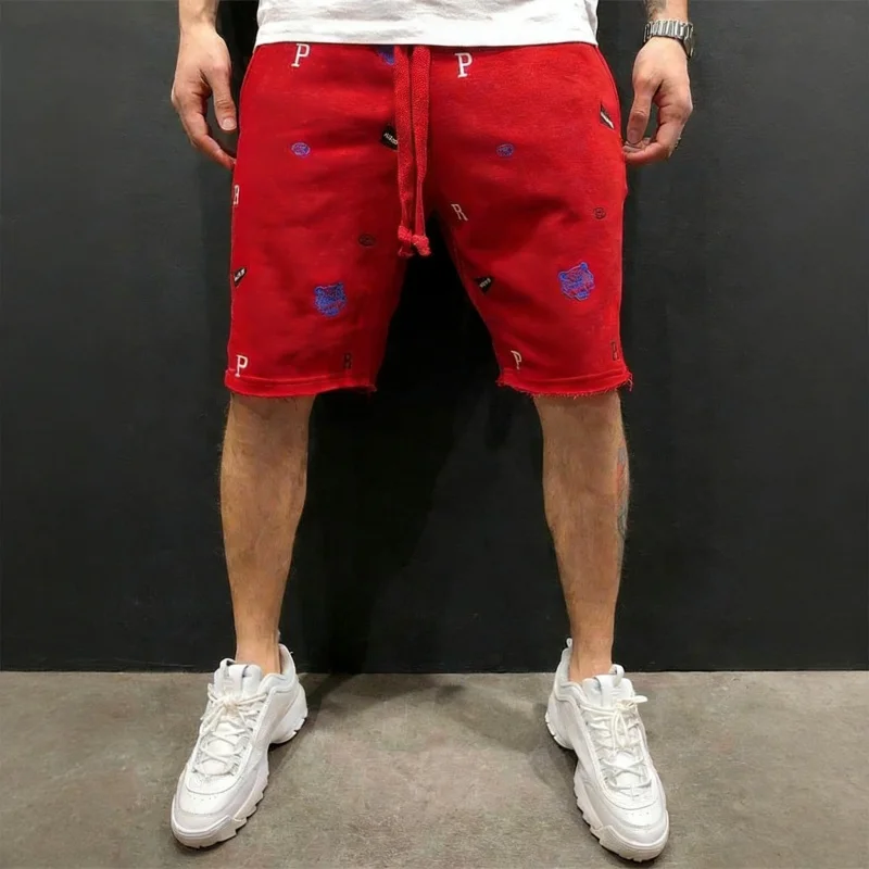 Spring Summer Mens Cotton loose Shorts Streetwear Bodybuilding Embroidered casual Short pants Jogger sports Tiger head Shorts