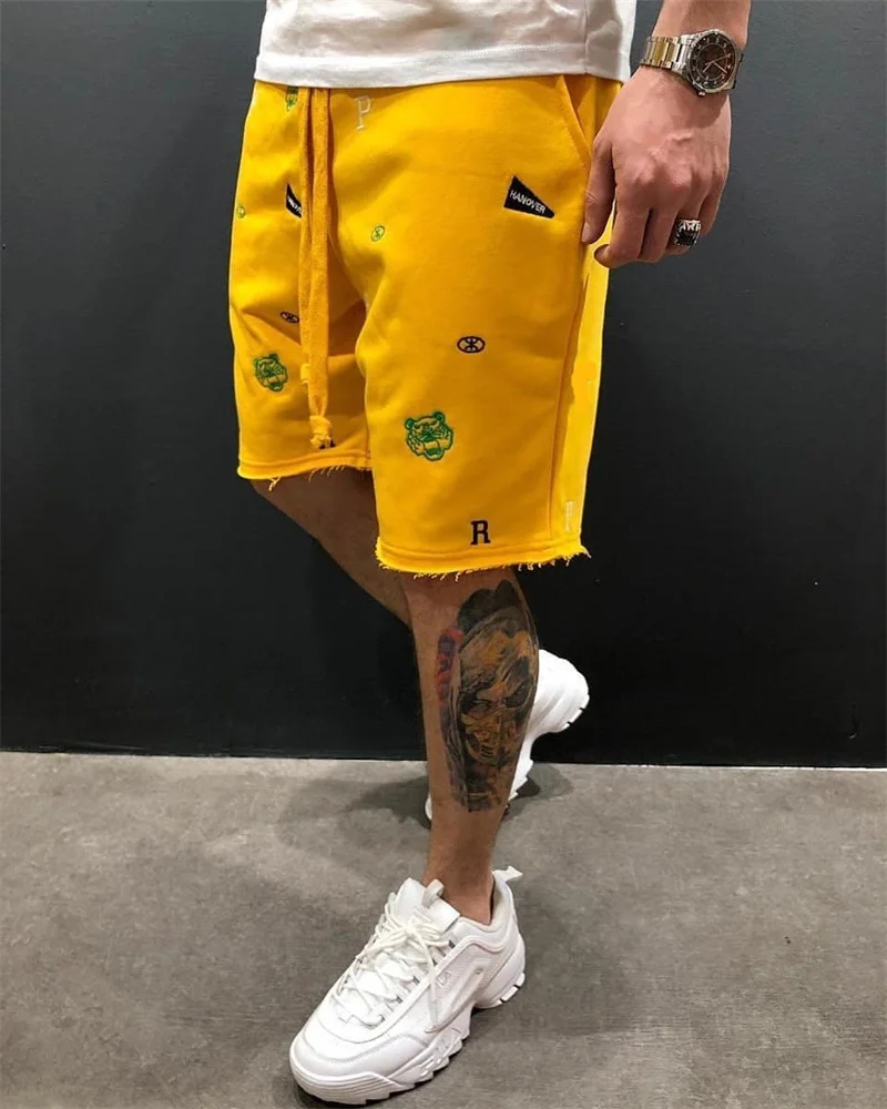 Spring Summer Mens Cotton loose Shorts Streetwear Bodybuilding Embroidered casual Short pants Jogger sports Tiger head Shorts