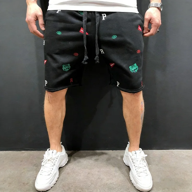 Spring Summer Mens Cotton loose Shorts Streetwear Bodybuilding Embroidered casual Short pants Jogger sports Tiger head Shorts